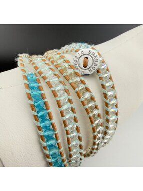 Victoria Emerson Crystal Leather Beaded Wrap Bracelet Blue Clear
